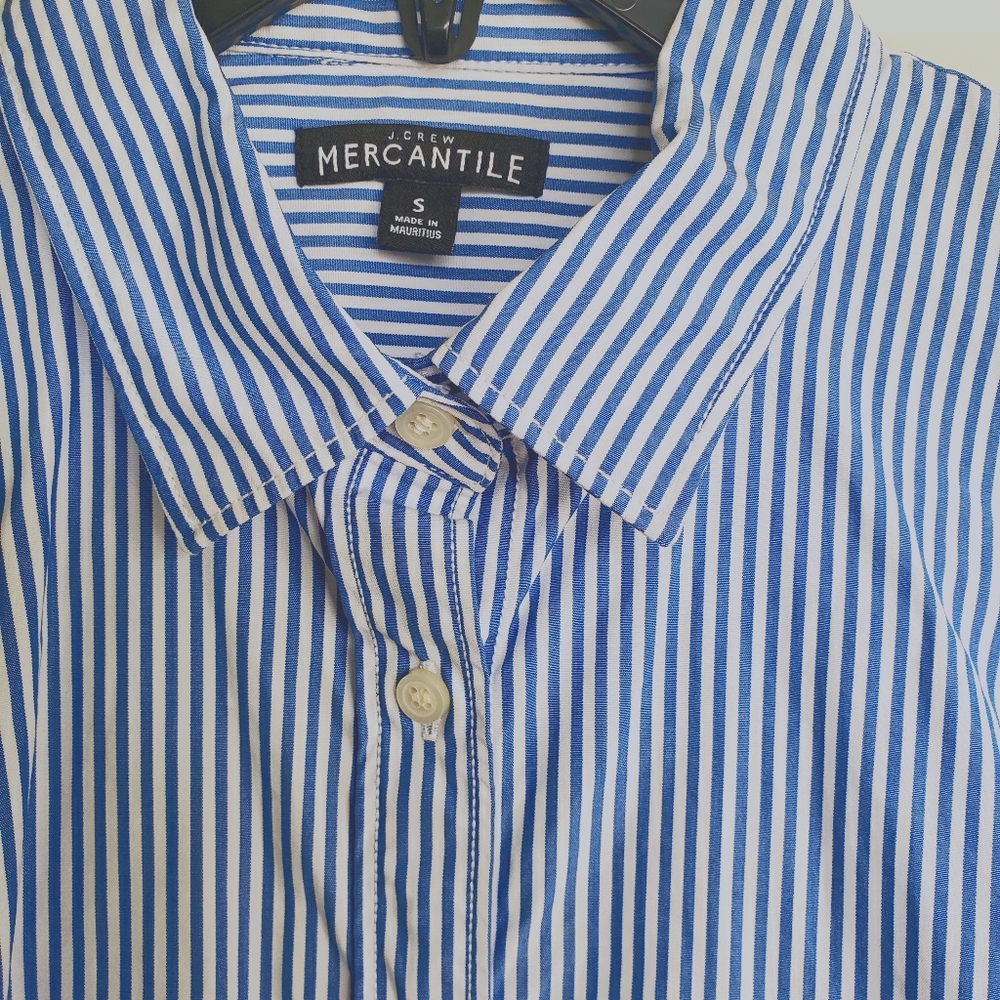 J Crew, ladies blue and white striped, button up